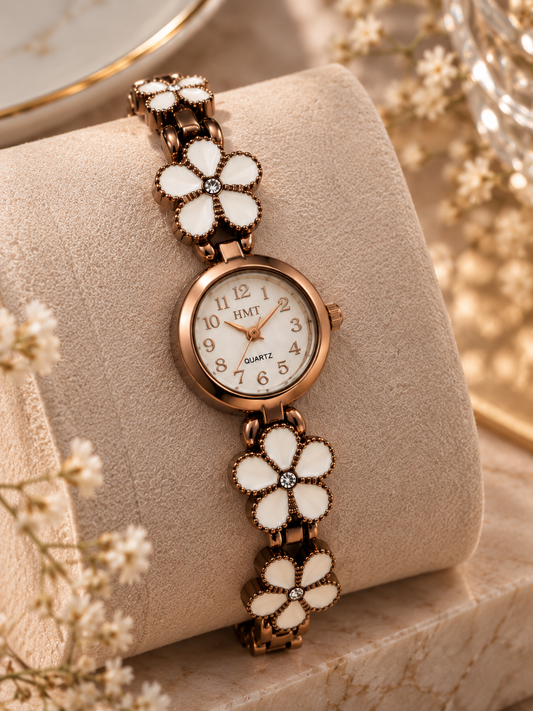 Copper-gold tone Floral Ceramic Anti-tarnish hmt Bracelet Watch for Women