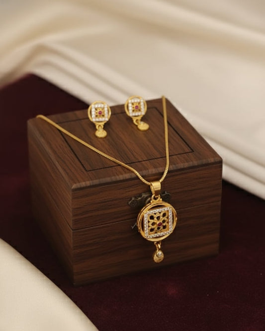 Gold Plated Square Floral Pendant Set with Chain And Earrings