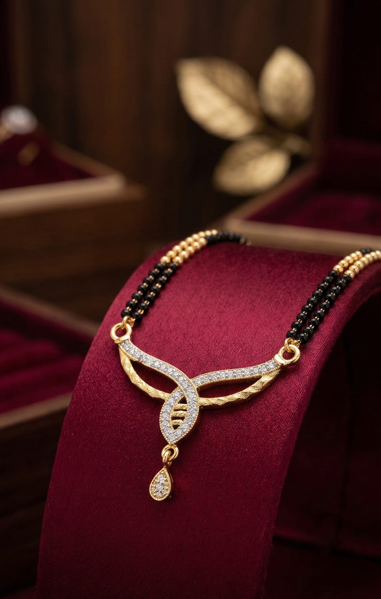 Elegant Diamond Curve Mangalsutra with Dual Black Bead Chain & Drop Charm