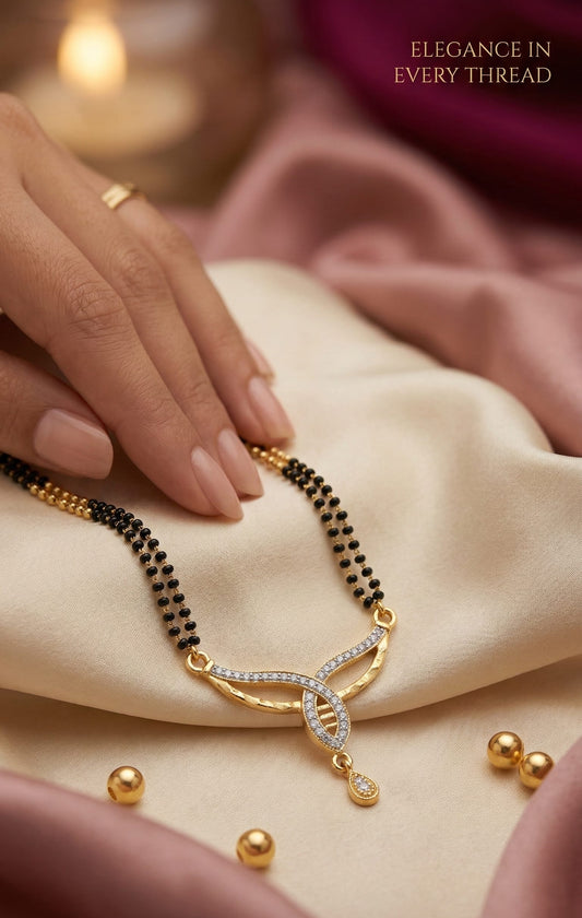 Elegant Diamond Curve Mangalsutra with Dual Black Bead Chain & Drop Charm