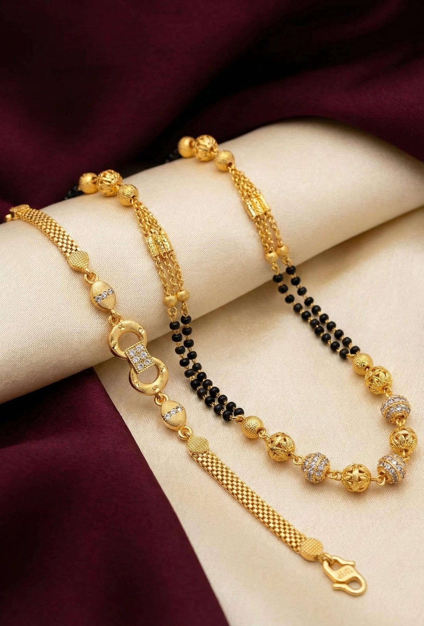 Elegant Dual Line Black Beaded Gold-Plated Mangalsutra with Designer Gold Plated Bracelet