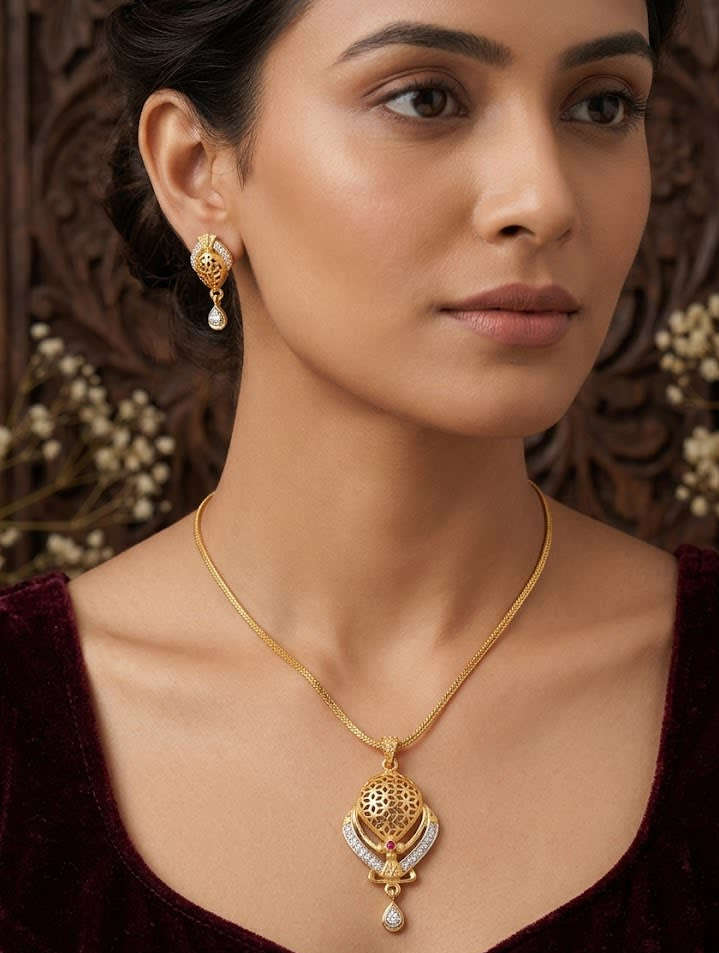 Elegant Gold-Plated Filigree Pendant Necklace Set with AD Stone Drops with 18 inches chain