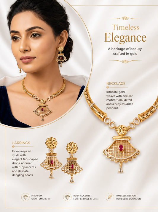 Elegant Gold-Plated Ruby Drop Pendant Necklace Set with Traditional Earrings
