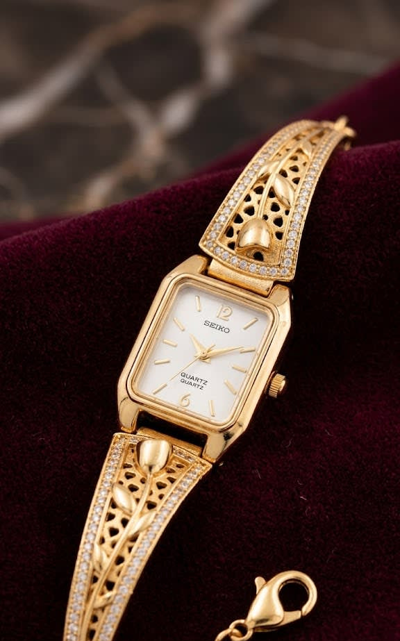Elegant Gold-Tone Crystal Studded Designer Adjustable Watch Bracelet