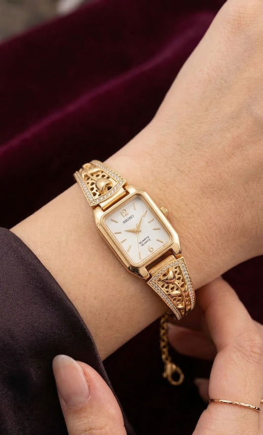 Elegant Gold-Tone Crystal Studded Designer Adjustable Watch Bracelet