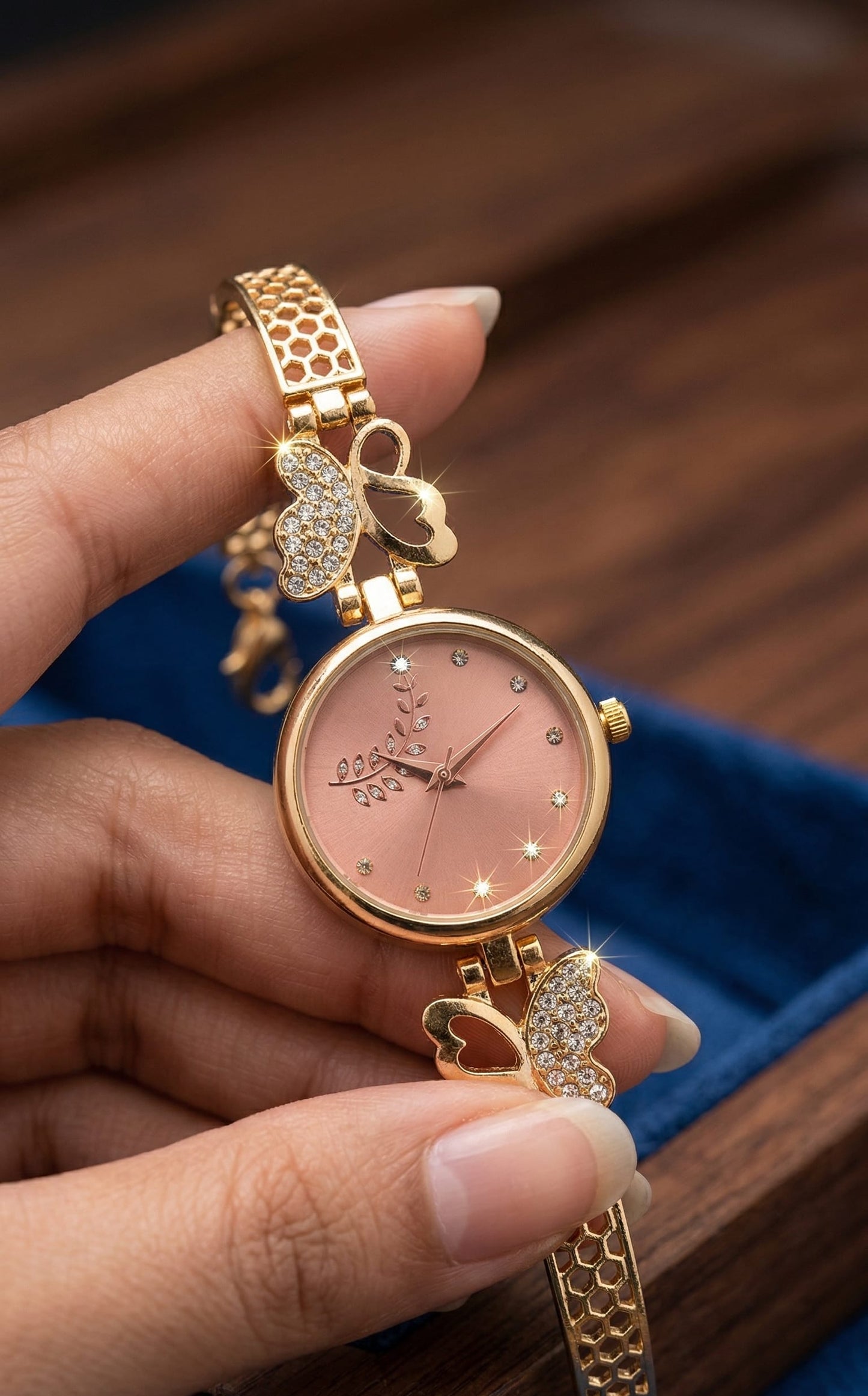Elegant Gold plated ad diamod pink dial Butterfly Charm Watch