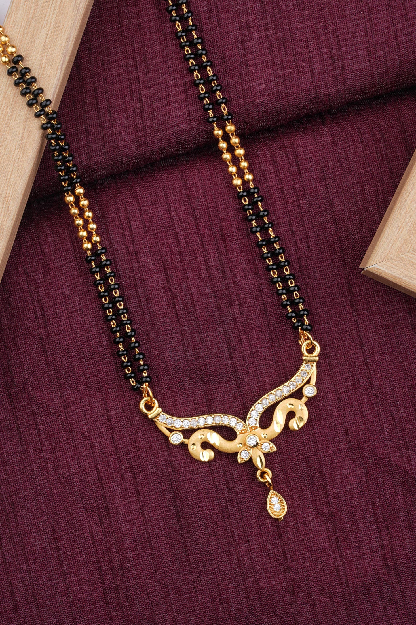 Micro Gold Plated And Diamond Curved Designer 24 Inches Mangalsutra with Drop Pendant