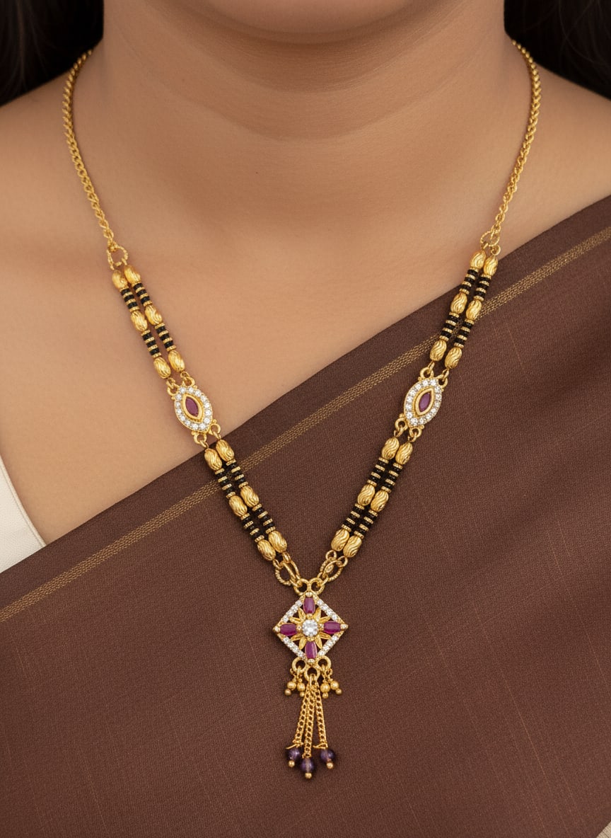 Micro Gold Plated And Diamond Square Pendant Mangalsutra with Ruby Accents
