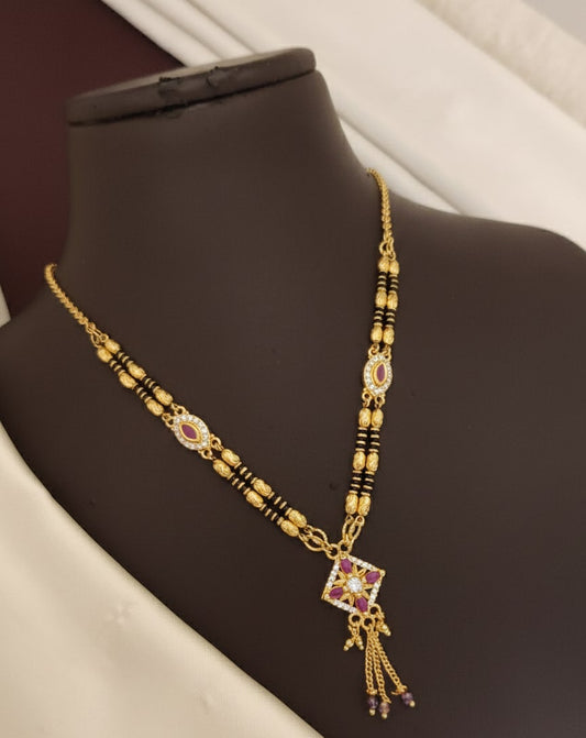 Micro Gold Plated And Diamond Square Pendant Mangalsutra with Ruby Accents