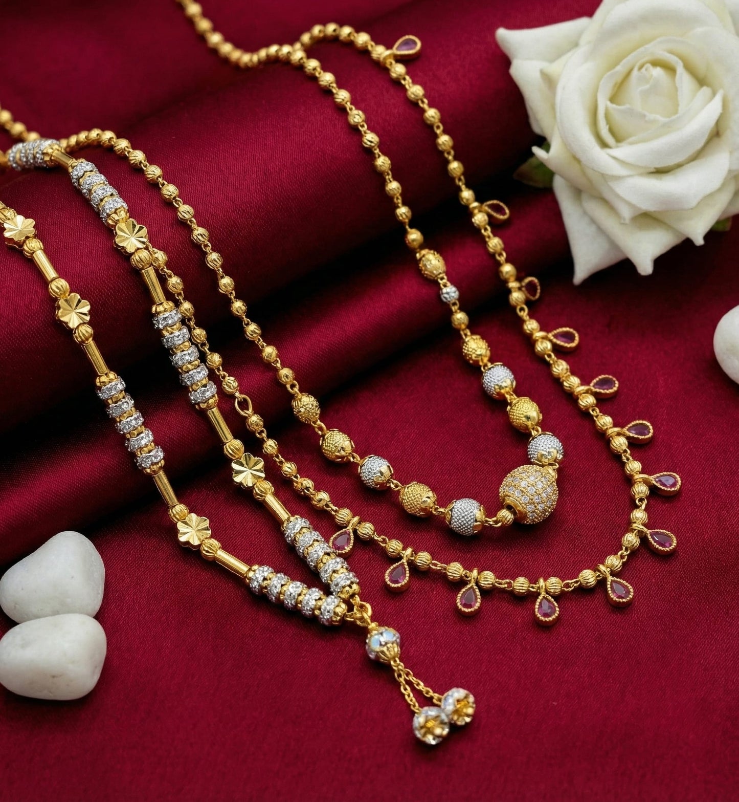 Micro Gold Plated And Diamond Studded Beaded Short Chain Combo Of 3 For Women