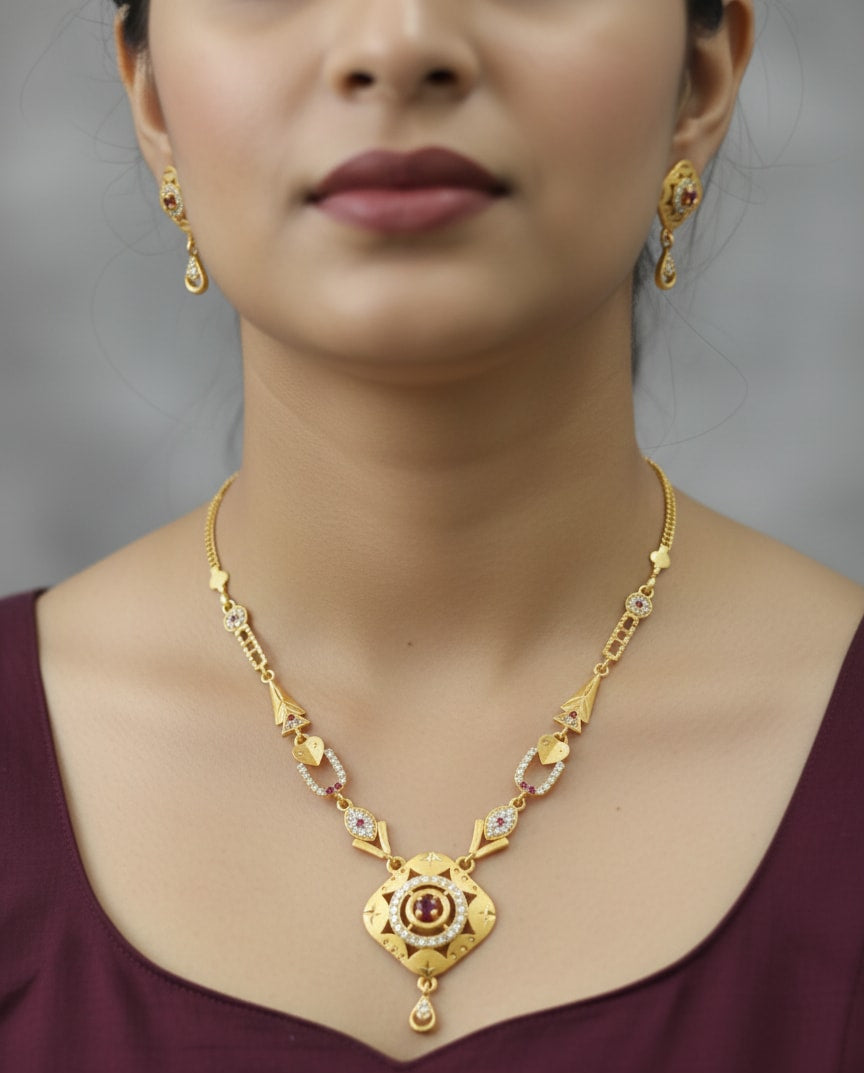 Micro Gold Plated And Diamond Studded Forming Square Necklace with Earrings For Women