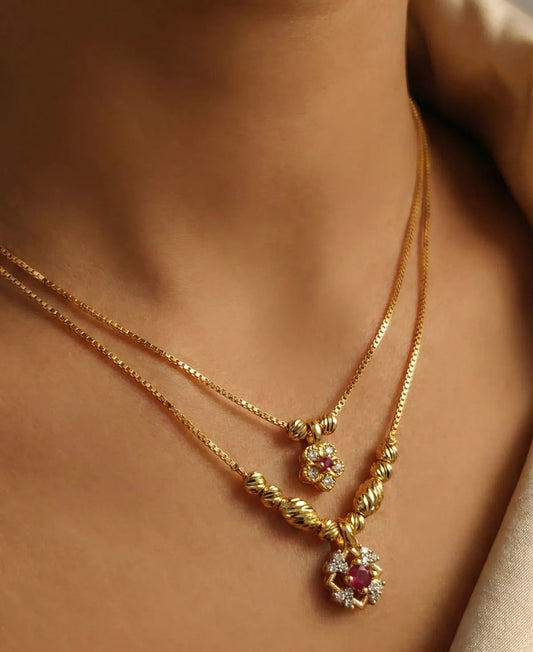 Micro Gold Plated AD Diamond Studded Ruby Floral Dual-Layer Pendant Necklace