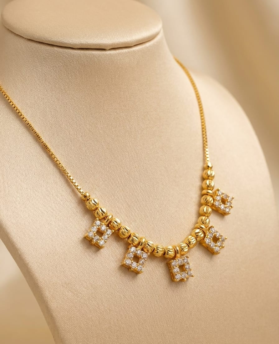 Micro Gold Plated American Diamond Studded Square Drop Necklace Chain For Women