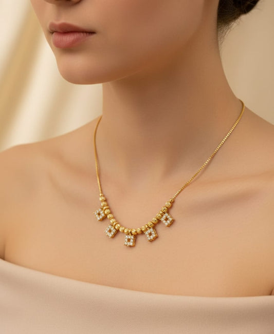 Micro Gold Plated American Diamond Studded Square Drop Necklace Chain For Women