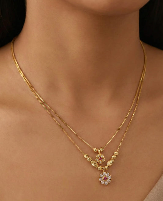 Micro Gold Plated Dual Layer Floral Pendant Necklace – AD Diamond Studded Elegant Daily Wear Chain