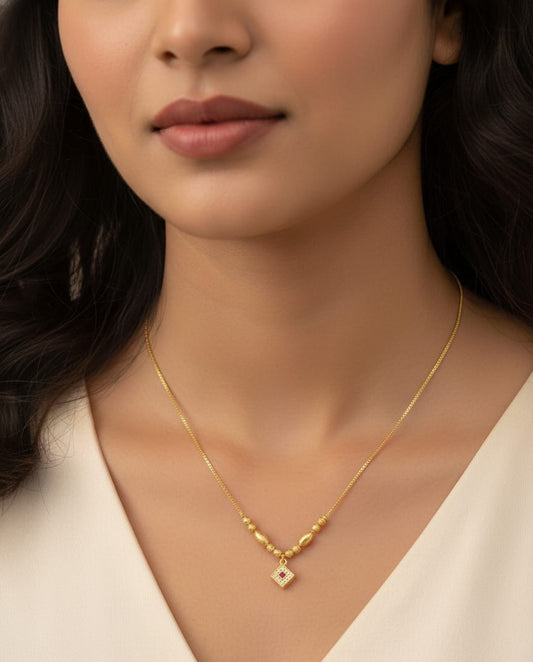 Micro Gold Plated Beaded Chain with Square And Stone Pendant For Women