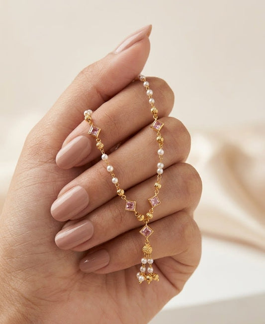 Micro Gold Plated Pearl 18 iches Chain with Pink Stone Accents & Elegant Drop