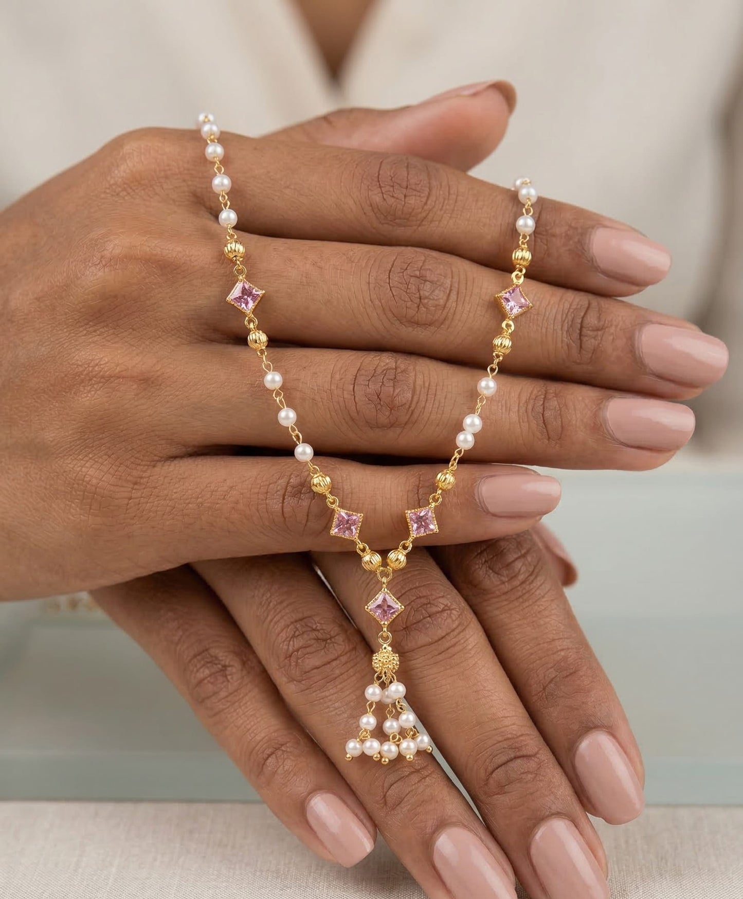 Micro Gold Plated Pearl 18 iches Chain with Pink Stone Accents & Elegant Drop