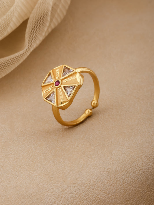 Micro Gold Plated And Diamond Studded Adjustable Flower Ring