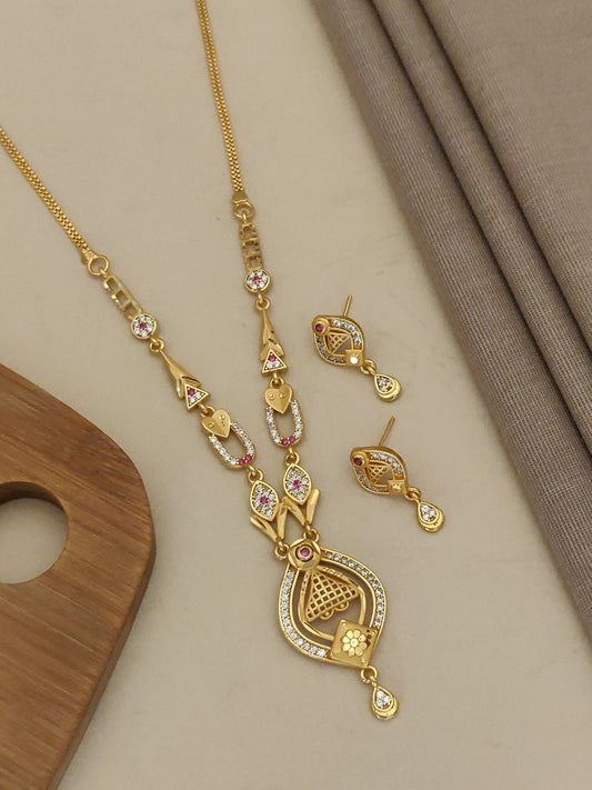 Micro Gold Plated And Diamond Studded Fancy Forming Necklace with Earrings For Women