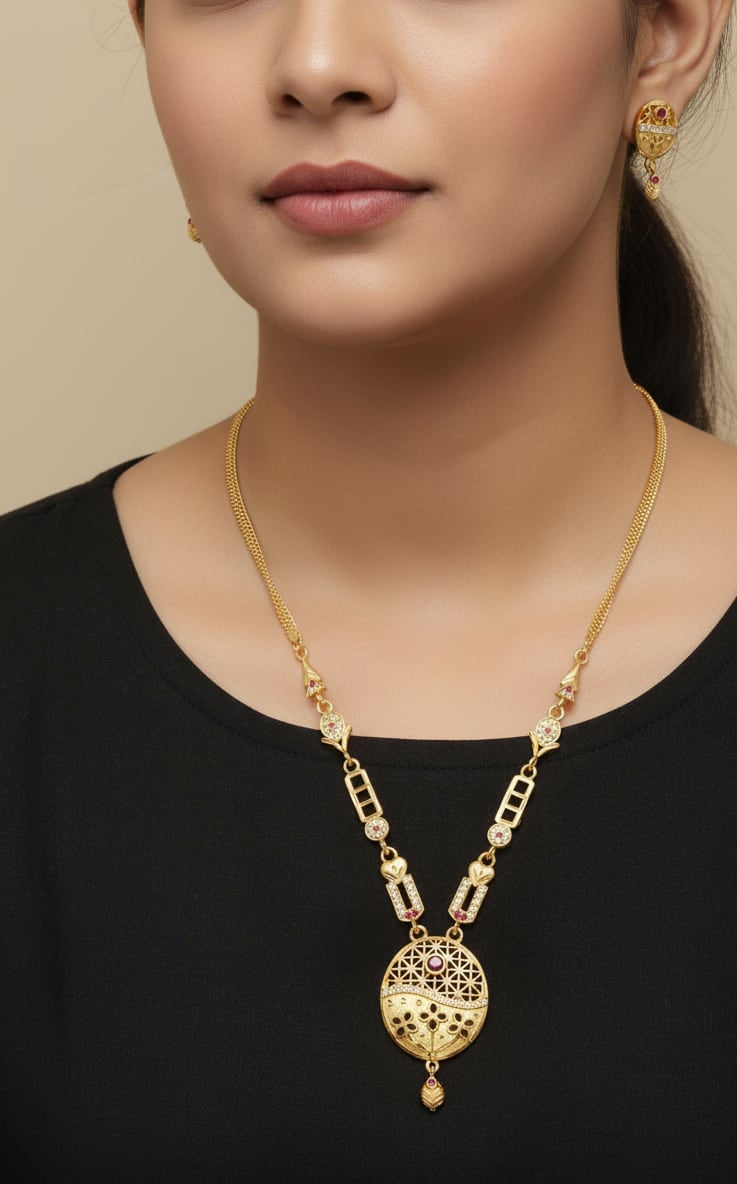 Micro Gold Plated And Diamond Studded Flower Oval Necklace with Earrings For Women