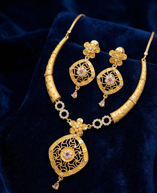 Royal Floral Filigree Micro Gold Plated AD Stone Studded Pendant Set with Earrings