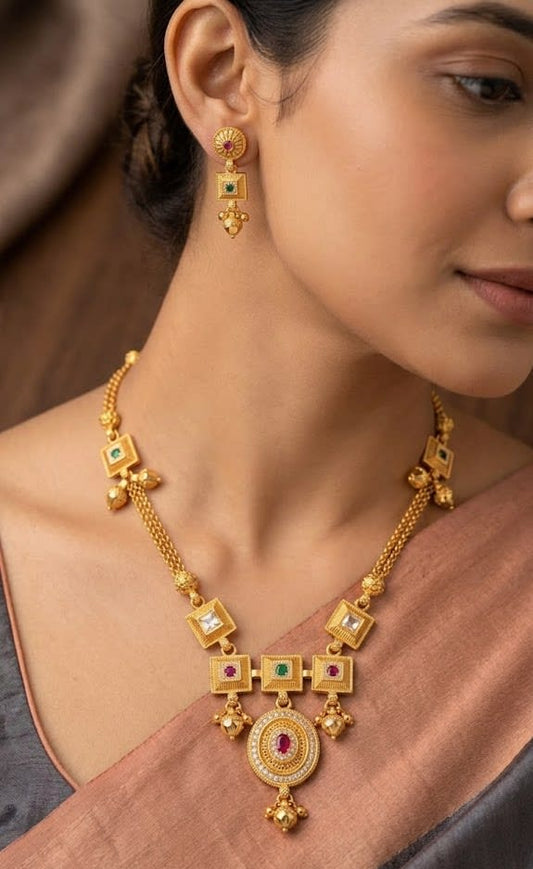 Royal Heritage Gold Necklace & Earring Set with Gemstone Accents