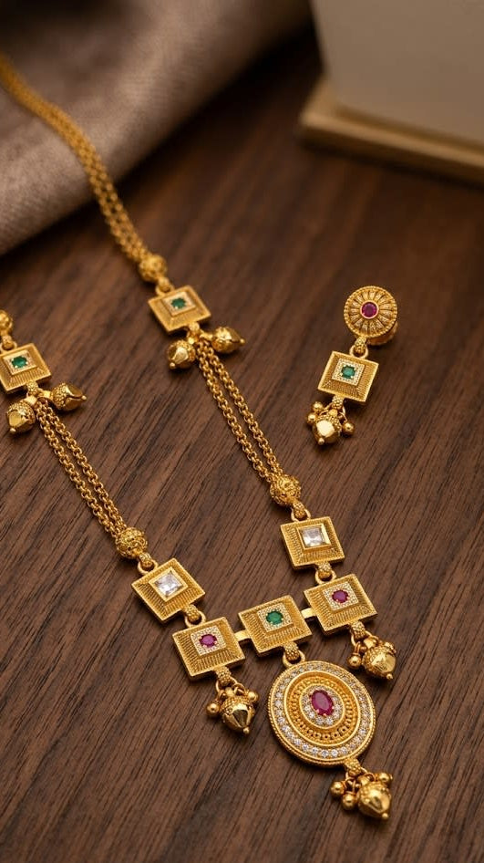 Royal Heritage Gold Necklace & Earring Set with Gemstone Accents