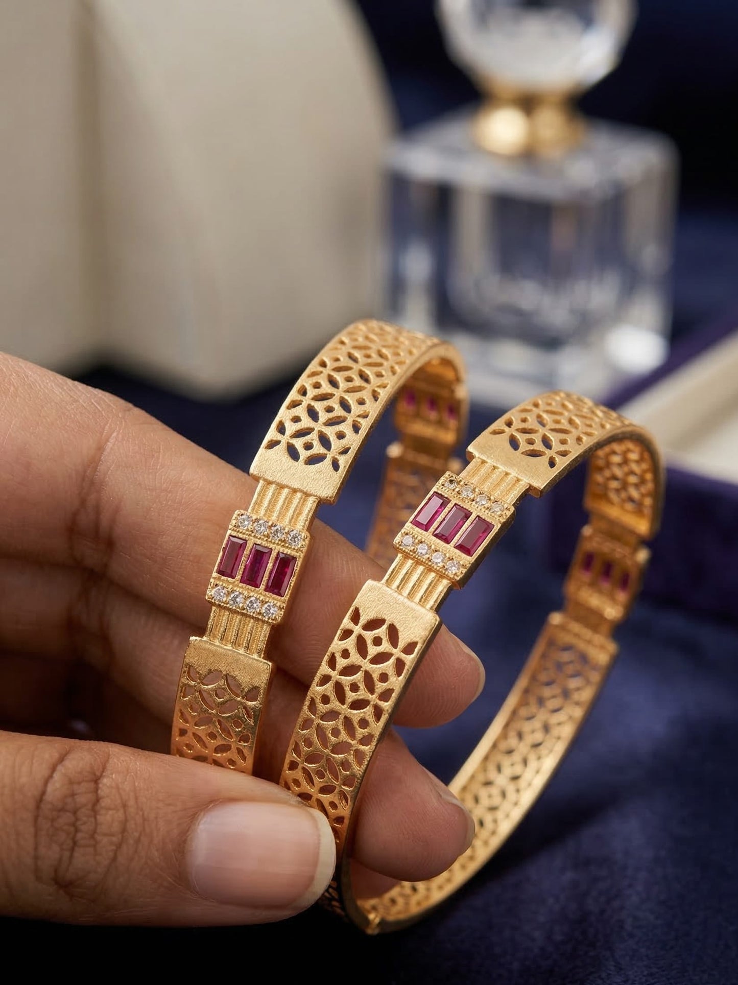 Royal Ruby Lattice Micro Gold Plated AD Stone Studded Designer Bangles (Pair)