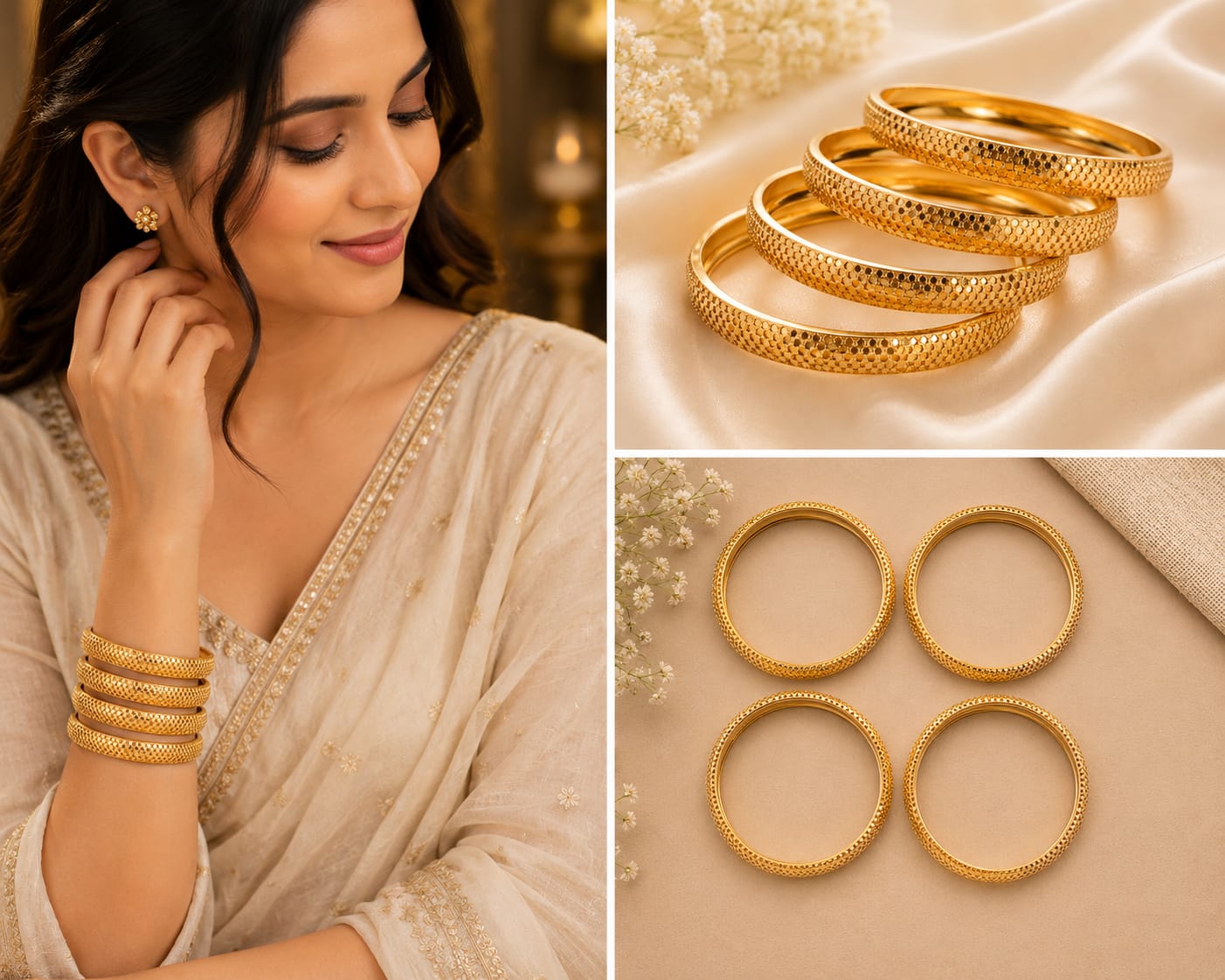 Gold Tone Plated Honeycomb Textured Bangle Set