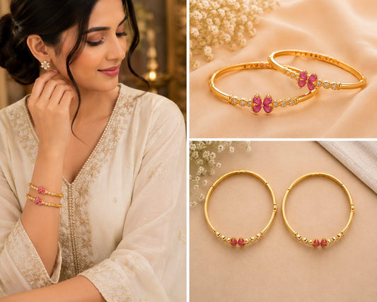 Gold Tone Plated Pink Stone Floral Bangle Pair