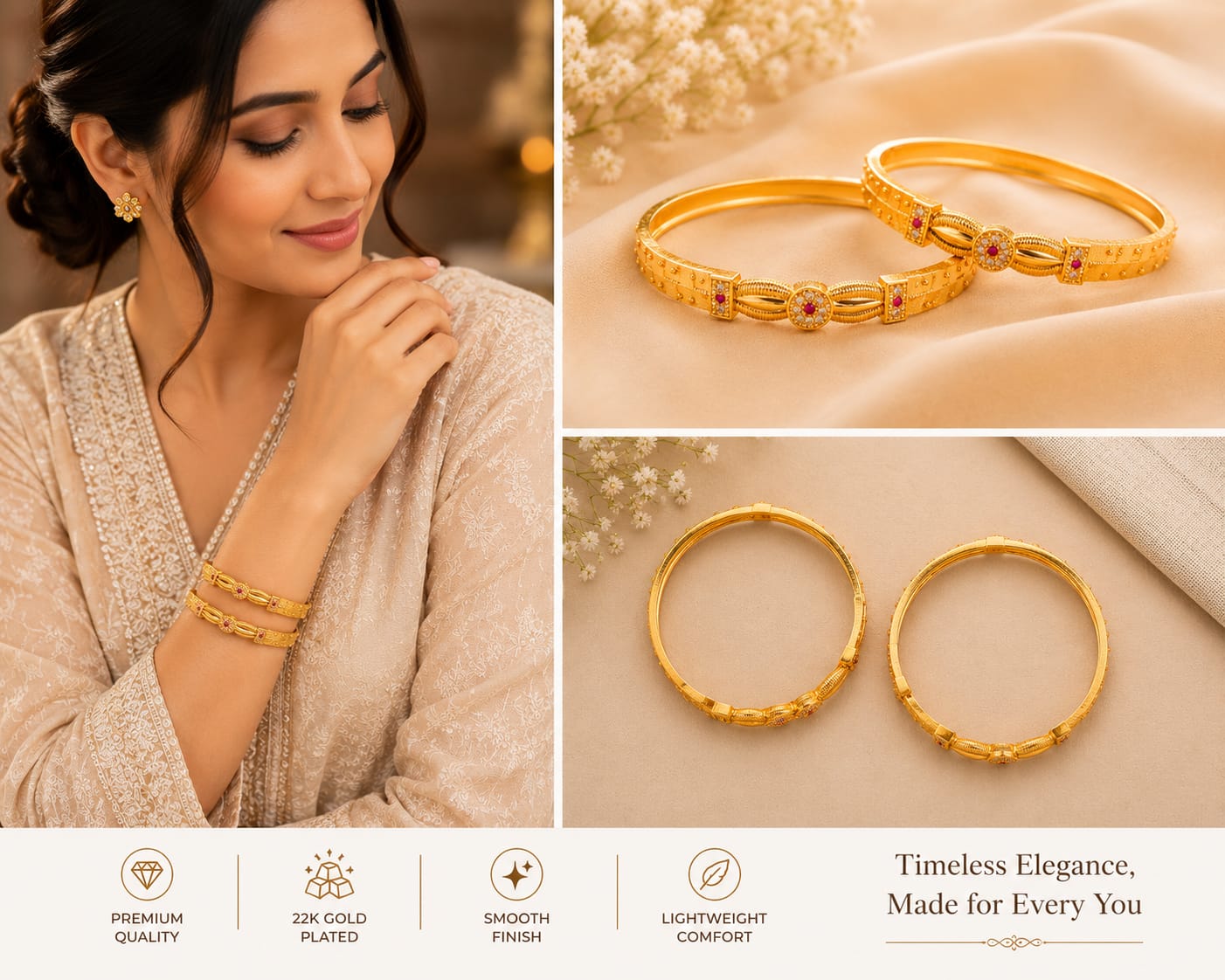 Gold Tone Plated Traditional Floral Red Stone Bangles