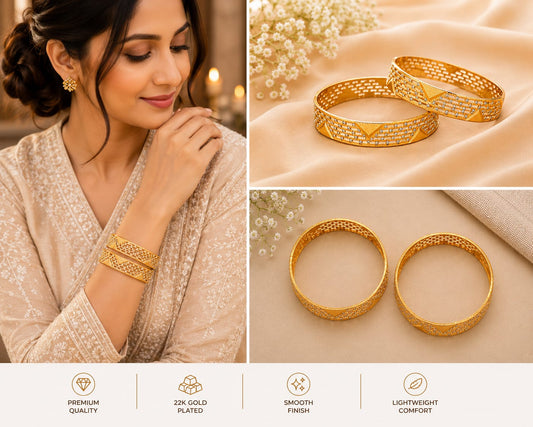 Gold Tone Plated Openwork White Stone Lattice Bangles