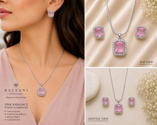 Silver Tone Pink Halo Pendant and Earring Set