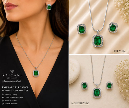 Silver Tone Green Halo Pendant and Earring Set