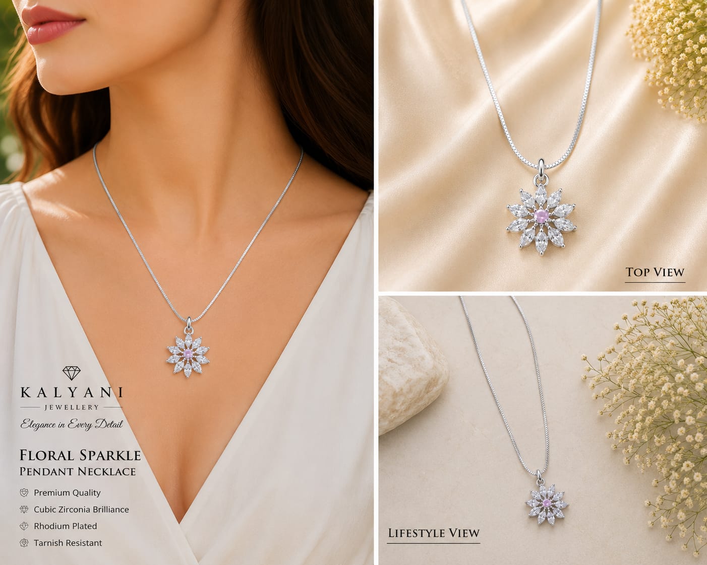 Silver Tone Pink Floral Marquise CZ Necklace