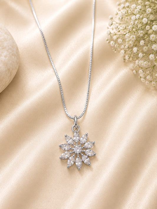 Silver Tone White Floral Marquise CZ Necklace