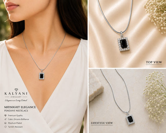 Silver Tone Black Emerald Cut Halo Necklace