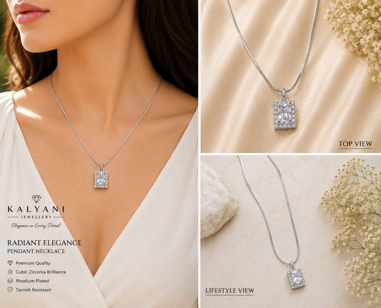 Silver Tone White Emerald Cut Halo Necklace