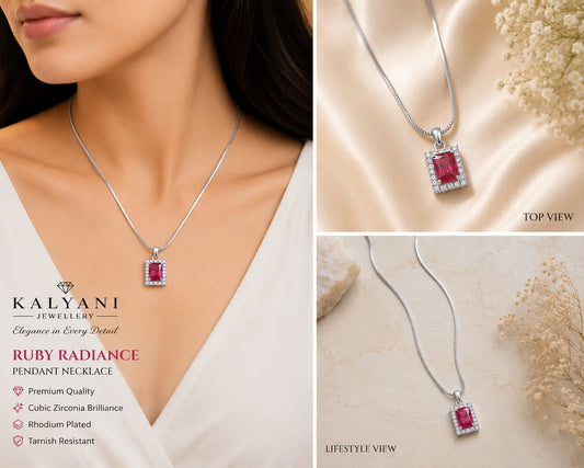 Silver Tone Rani Pink Emerald Cut Halo Necklace