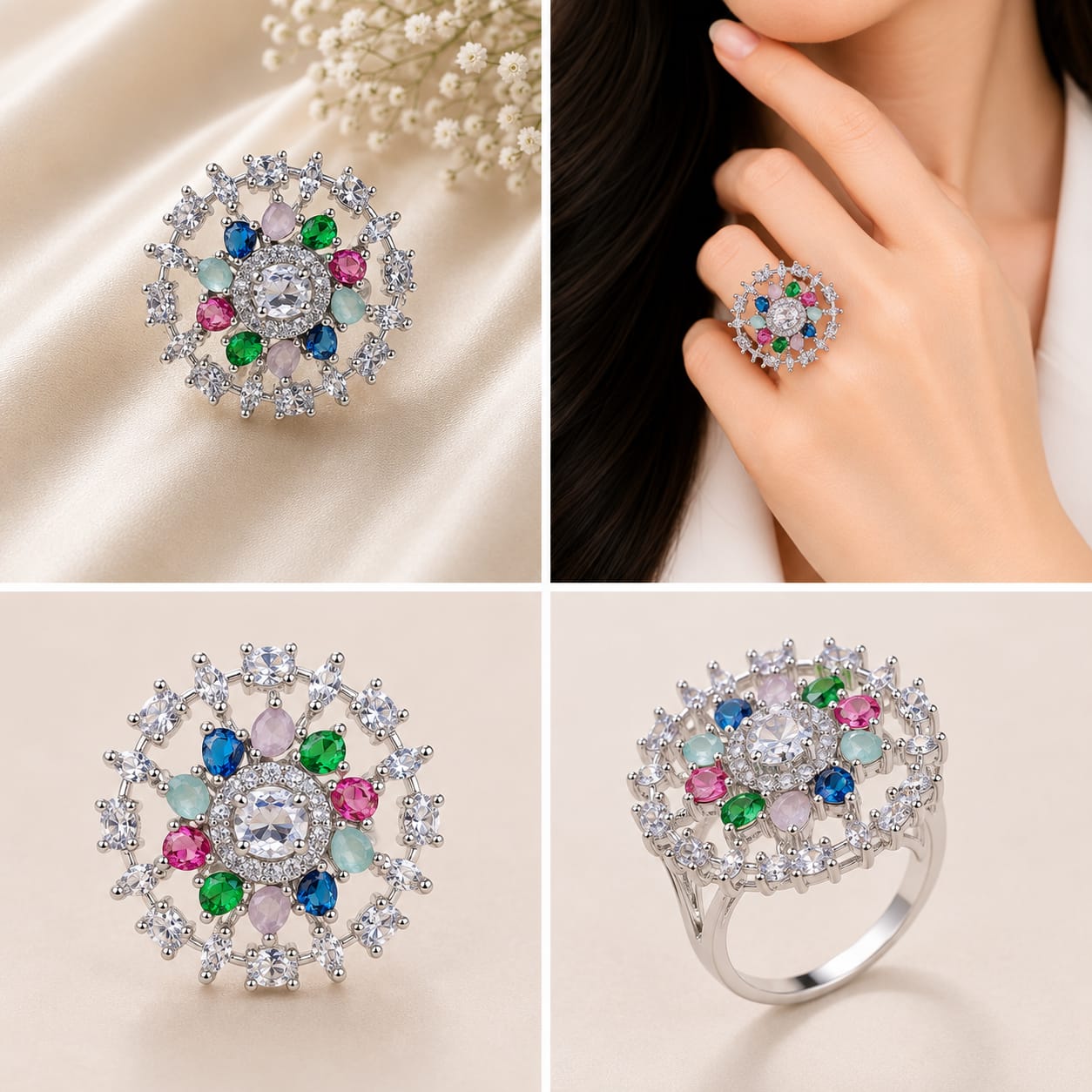 Silver Tone Vibrant Multi Stone Halo Ring