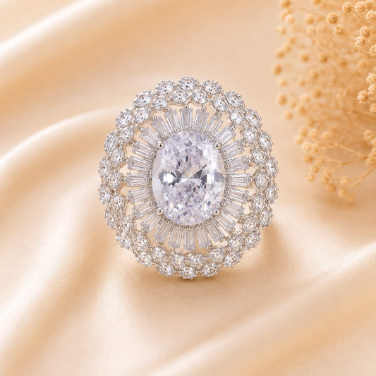 Silver Tone White Oval Cocktail Ring