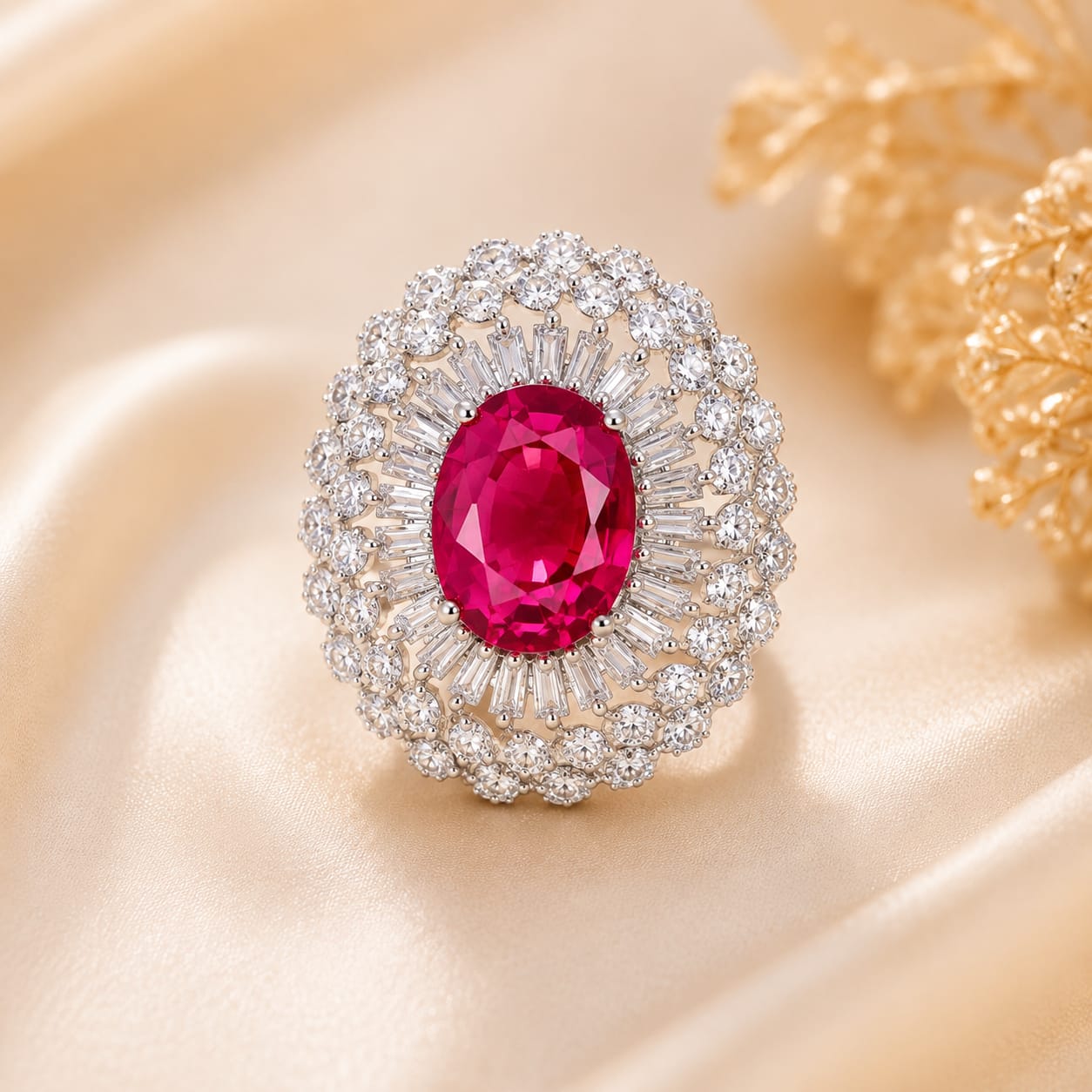 Silver Tone Red Oval Cocktail Ring