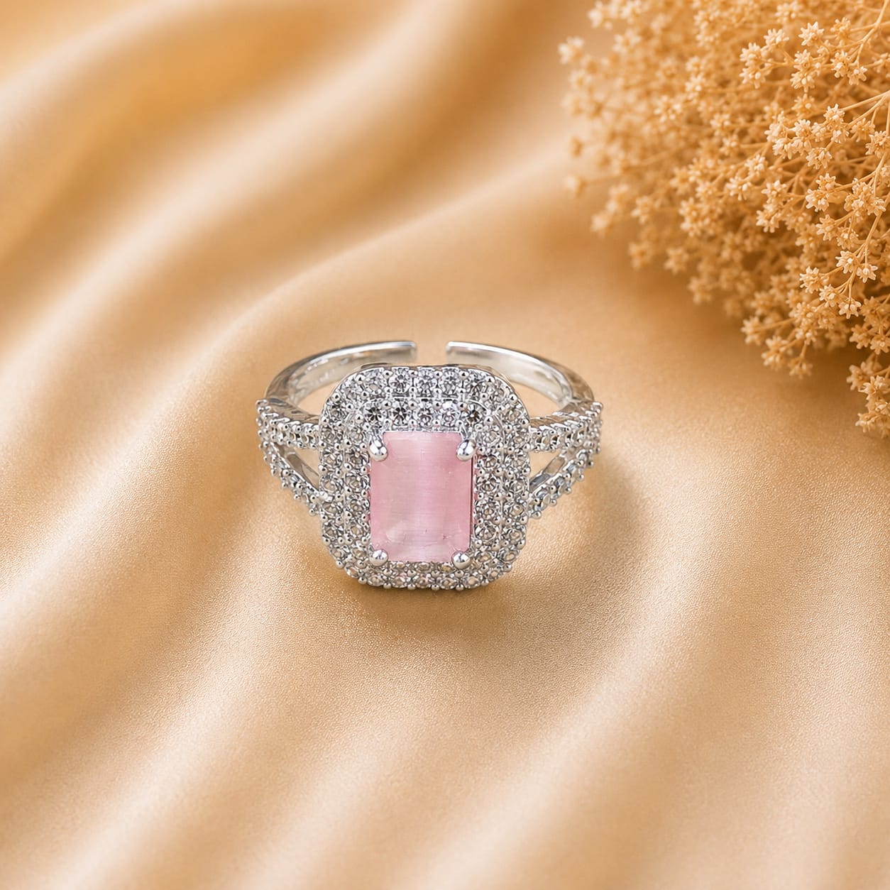 Silver Tone Pink Rectangular Halo Ring