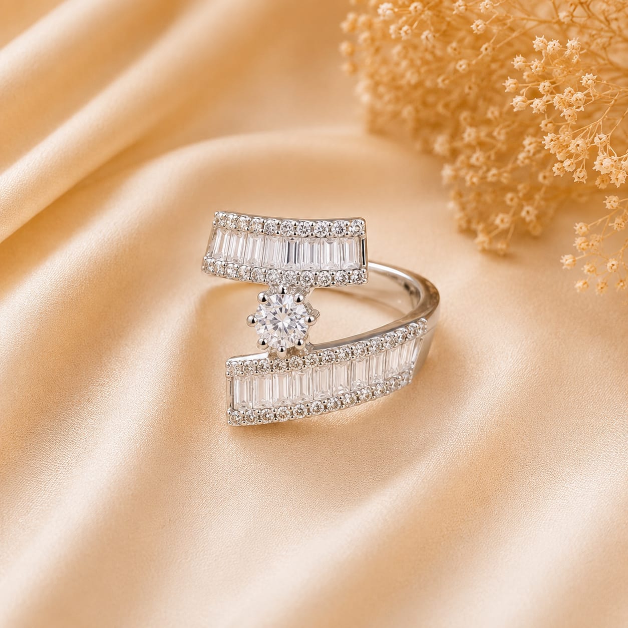 Silver Tone Geometric Bypass Solitaire Ring