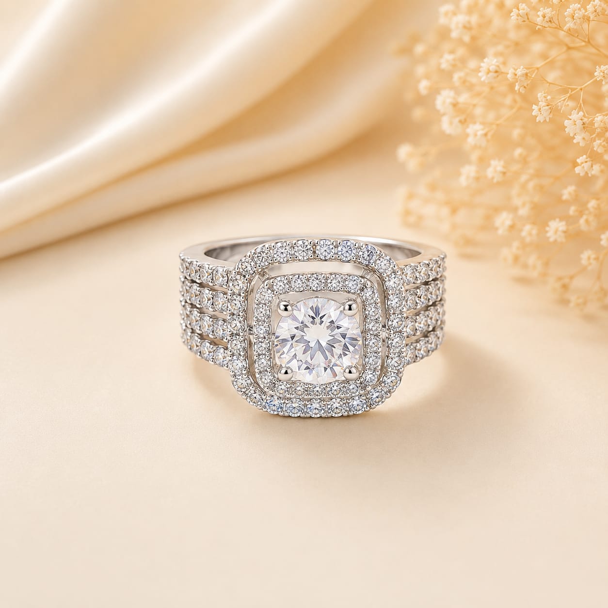 Silver Tone Four Row Band Double Halo Ring