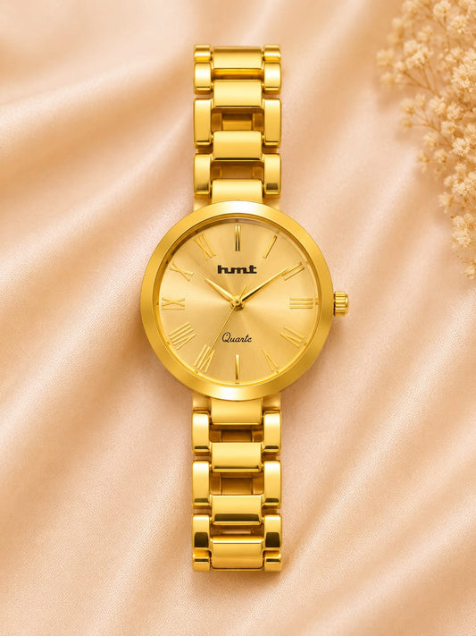 Minimalist Gold-Tone Anti-tarnish Analog Watch for women with Linked Bracelet