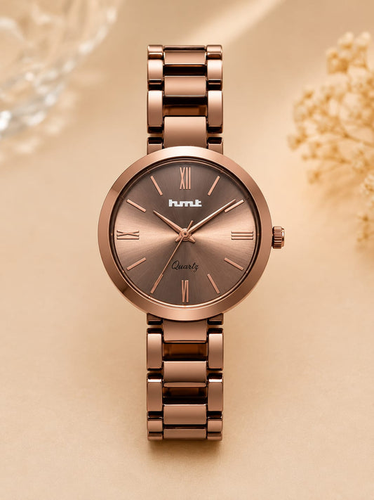 Minimalist Rose Gold Dark Tone Anti-tarnish Analog Watch for women with Metal Link Bracelet