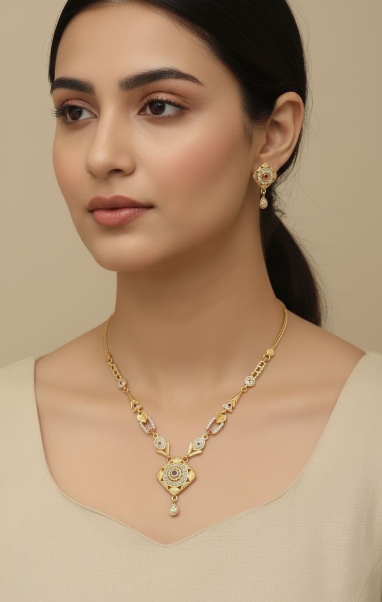 Micro Gold Plated And Diamond Studded Forming Square Necklace with Earrings For Women
