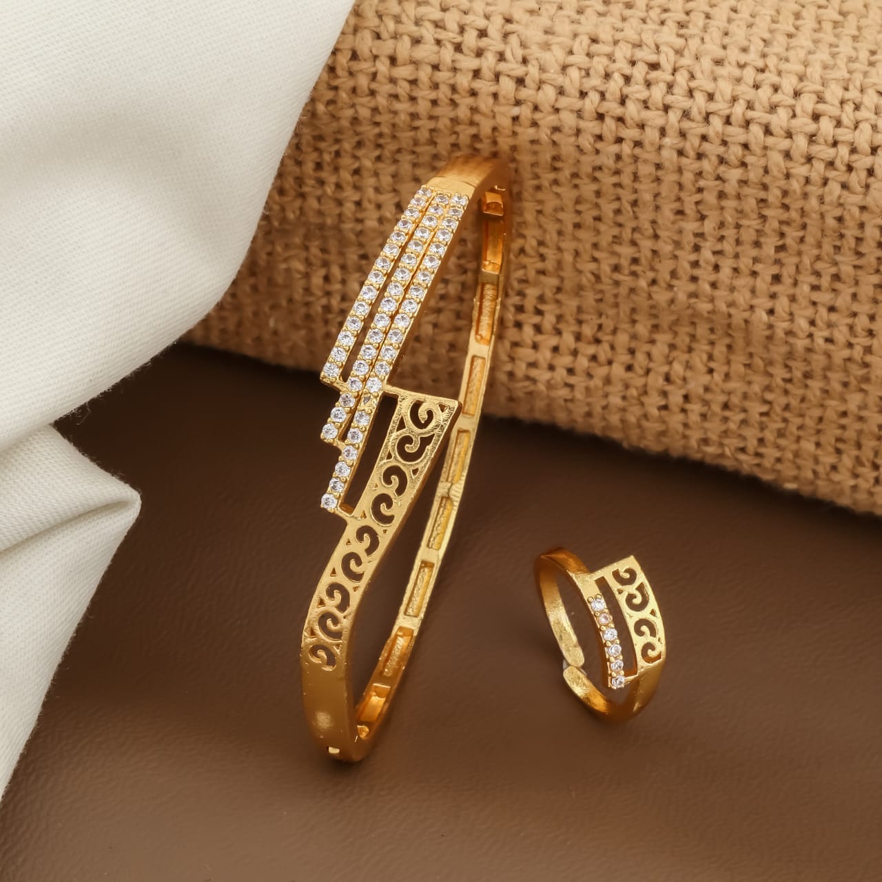 Micro Gold Plated And Diamond Studed Fancy Adjustable Barcelet with Ring